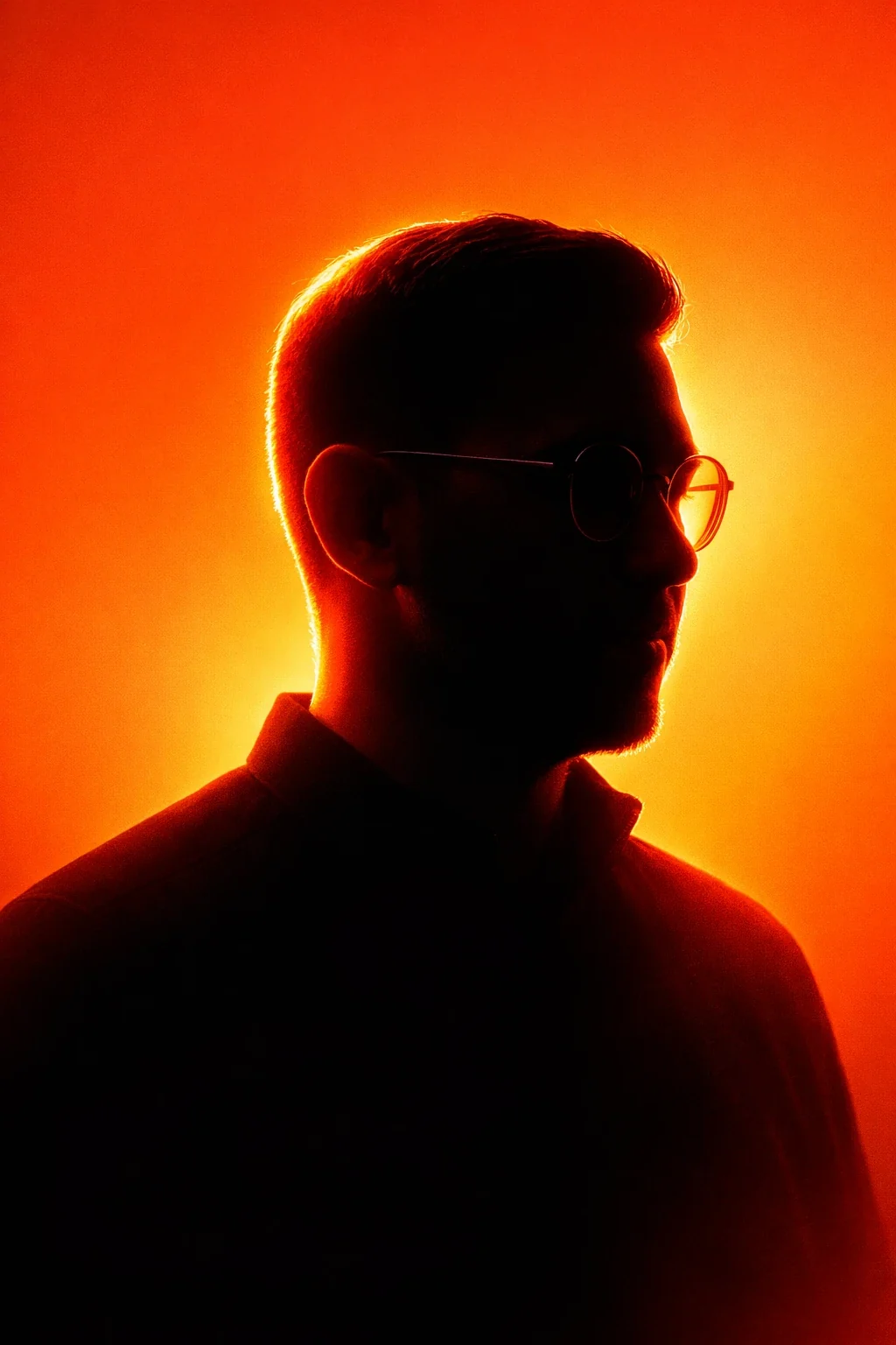 Retrato de VALENS em silhueta, contra luz laranja